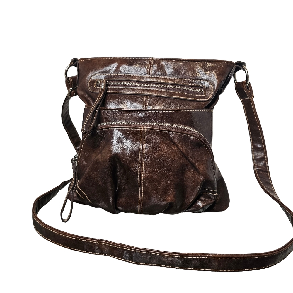 [Via Roma] Dark Brown Vegan Leather Messenger Crossbody Bag